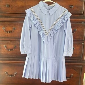 English Factory Blue Ruffle Trim Pleated Dress — S